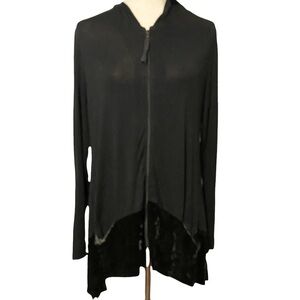 LOGO Lori Goldstein Black Zip Front Knit Cardigan Velvet Trim‎ A259097 Medium